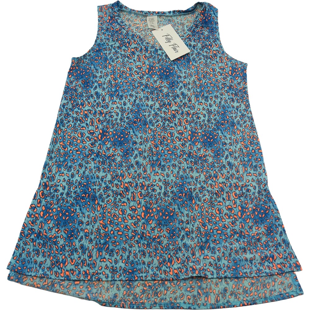 Filly Flair Blue Orange Leopard Print V-Neck High Low Tank Top B39601 Small
